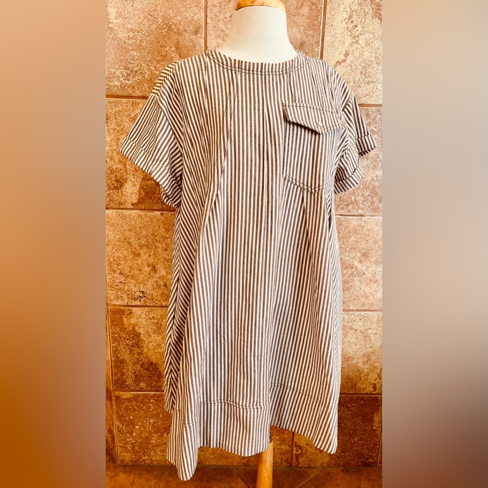Star Drop Brown & White Striped Short Sleeved Cotton Dress NWT Size L